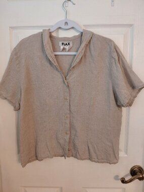 Flax Linen Short-Sleeve Button Front Blouse in Light Beige